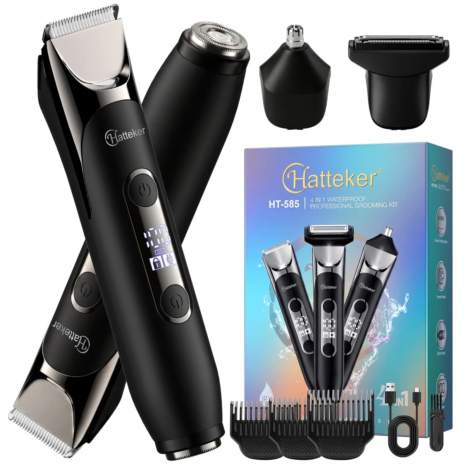 Hatteker 4 in 1 Multifunctional Dual - Head Body Hair Trimmer for Men, IPX7 Waterproof Groin & Body Hair Groomer, Rechargeable Body Electric Shaver Razor