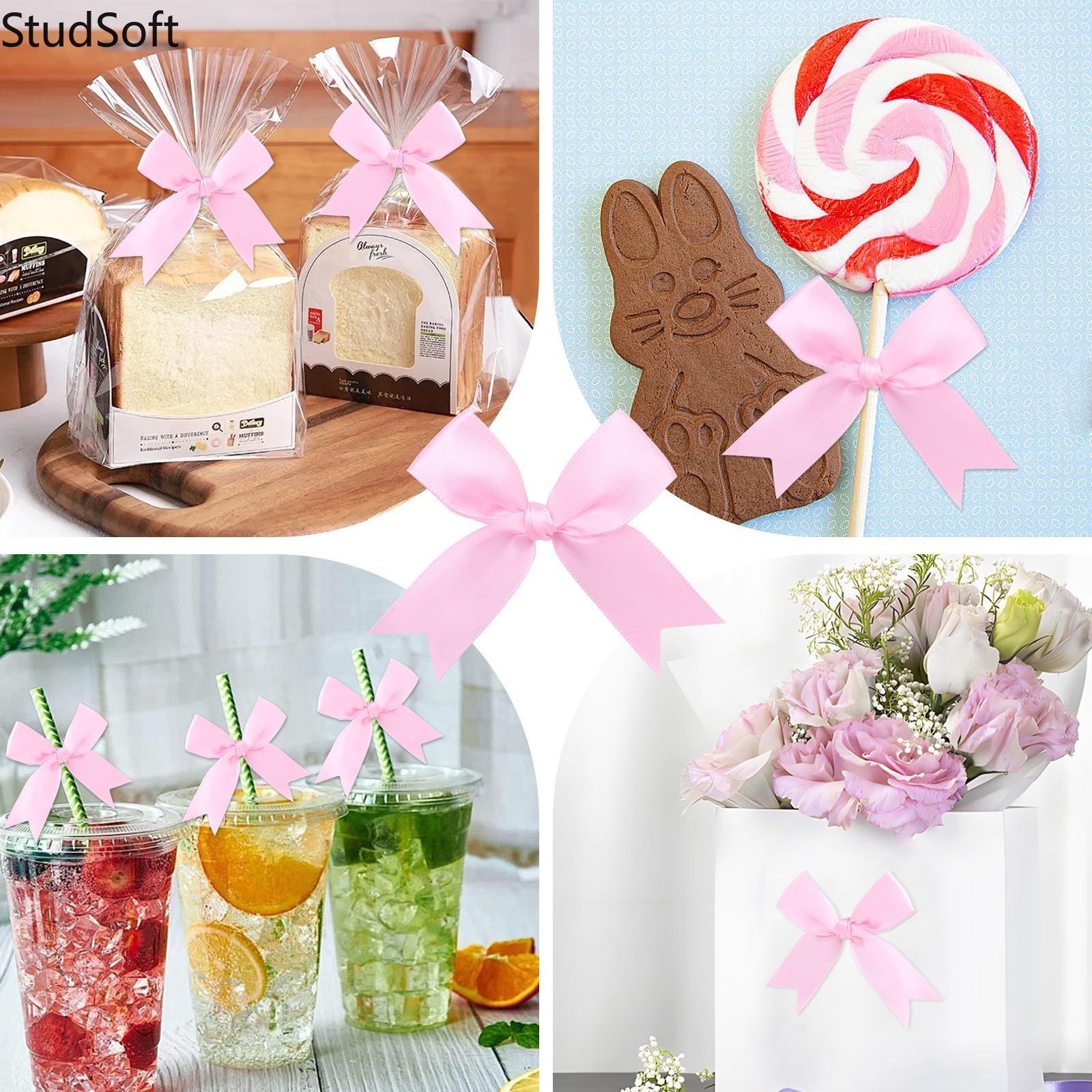 50 Pack Pink Satin Ribbon Bows, Self-Adhesive Mini Gift Bows Set for DIY Crafts Gift Wrapping