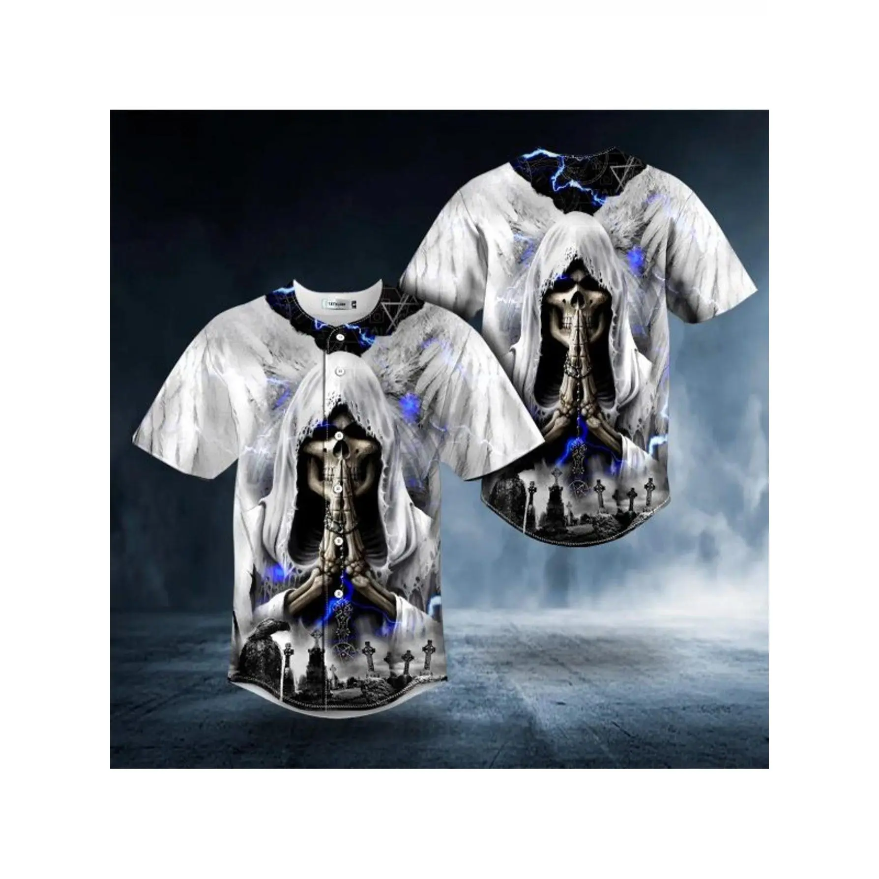 White Wing Death God Prayer Baseball Jersey, Men'S Baseball Jersey, Fashionable for Sports & Baseball Games Father'S Day Dad And Boyfriend Spring