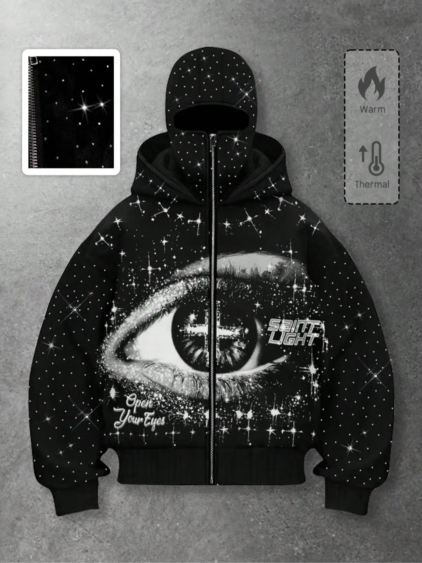 Unisex Long Sleeve Oversized Hooded Sweatshirt with Starry Eye Cross Print, Winter Fleece Lined, Dual Zipper, Y2K Streetwear, Fashion Casual Thickened Hip-Hop Top, Baggy