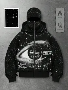 Unisex Hooded Sweatshirt with Starry Eye Cross Print, Winter Fleece Lined, Dual Zipper, Y2K Streetwear, Thickened Hip-Hop Top