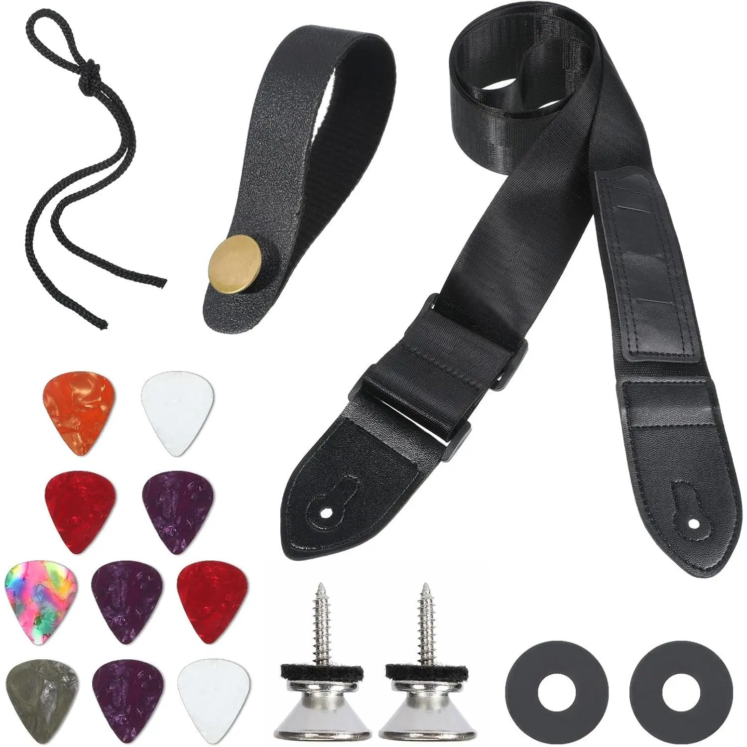 Adjustable Strap for Guitar & Bass 2 Inch Guitar Straps Acoustic with Rope Set Pick Holder Buttons Locks,10 Picks for Bass Electric Ukulele (Black)