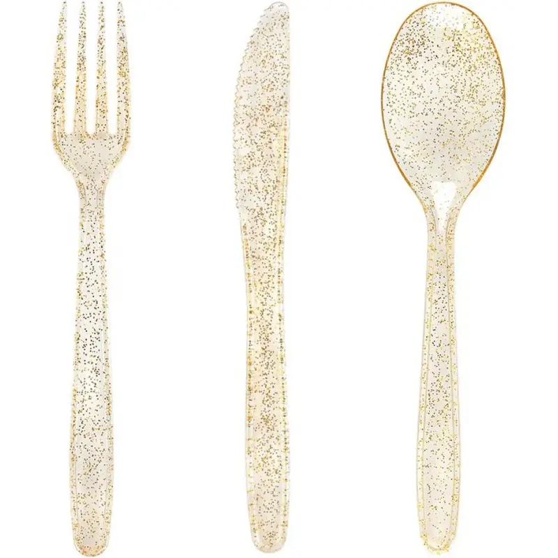 75-Piece Gold Pink PS Cutlery Set Eco-Friendly Knife Fork Spoon - Gold Glitter Premium Plastic Cutlery - Includes: 25 Forks, 25 Spoons, 25 Knives, Perfect for Weddings/Thanksgiving Parties.