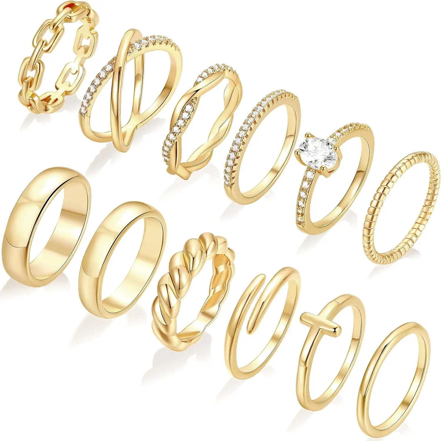 12-piece set of exquisite 14K gold rings, women's style, with a timeless open design, rugged twisted pattern, faux diamond cross design, anti-fade gold-plated stackable thumb rings, perfect to pair with wedding rings
