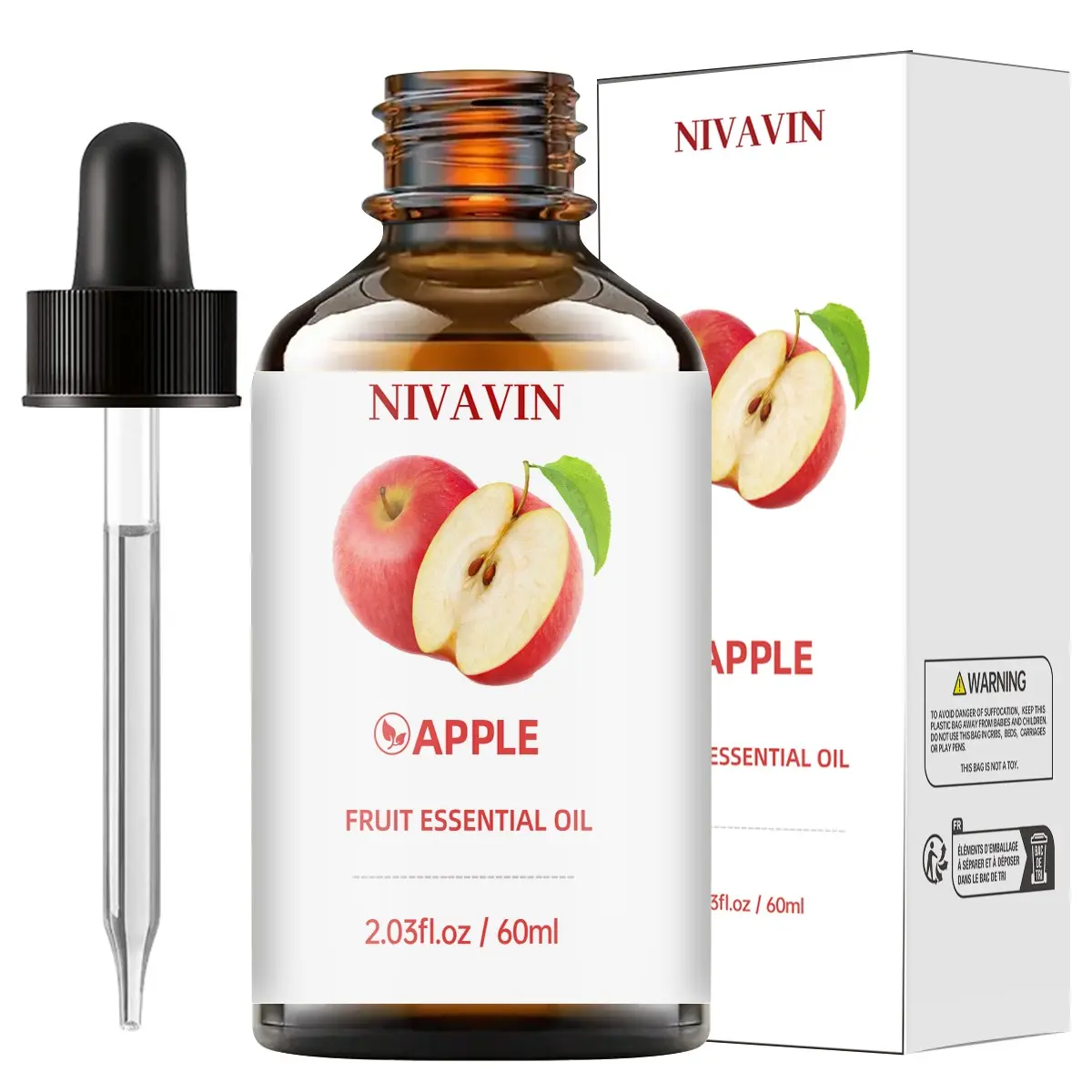 NIVAVIN Apple Essential Oil 60ml is made from 100% pure natural plant extracts. It has a fresh, natural, and long-lasting fruity aroma. Suitable for home, office, and other settings, it can be used with aromatherapy diffusers and diffuser stones.