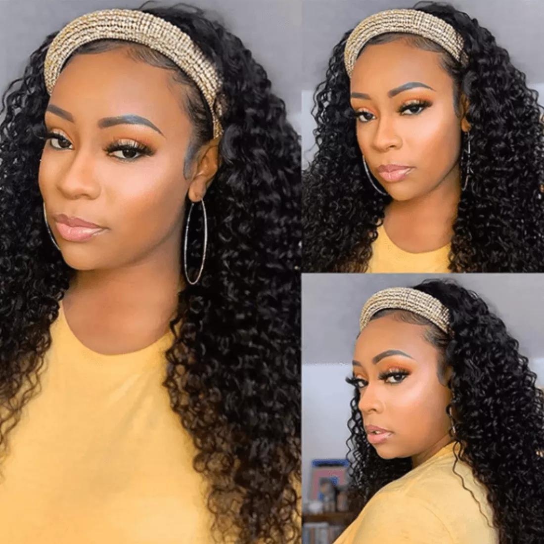 Bling Hair Headband Wig Deep Wave Human Hair For Women Glueless Short Curly Cheap Wig Fall Machine Made Non Lace Brazilian Remy Hair TikTokShopStockUp