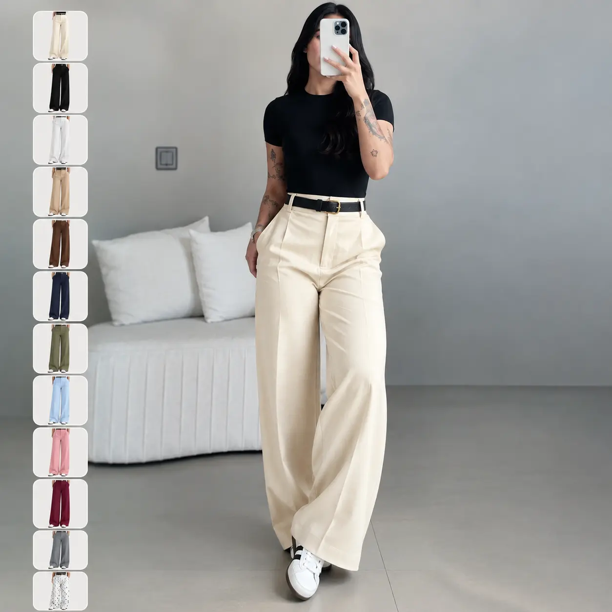 Women's Basic Minimalist High-Waisted Wide Leg Pants - Lady's Business Casual Drape Trousers with Clean Front, Pockets, Belt Loops, Full-Length Office Work Slacks, Machine Washable