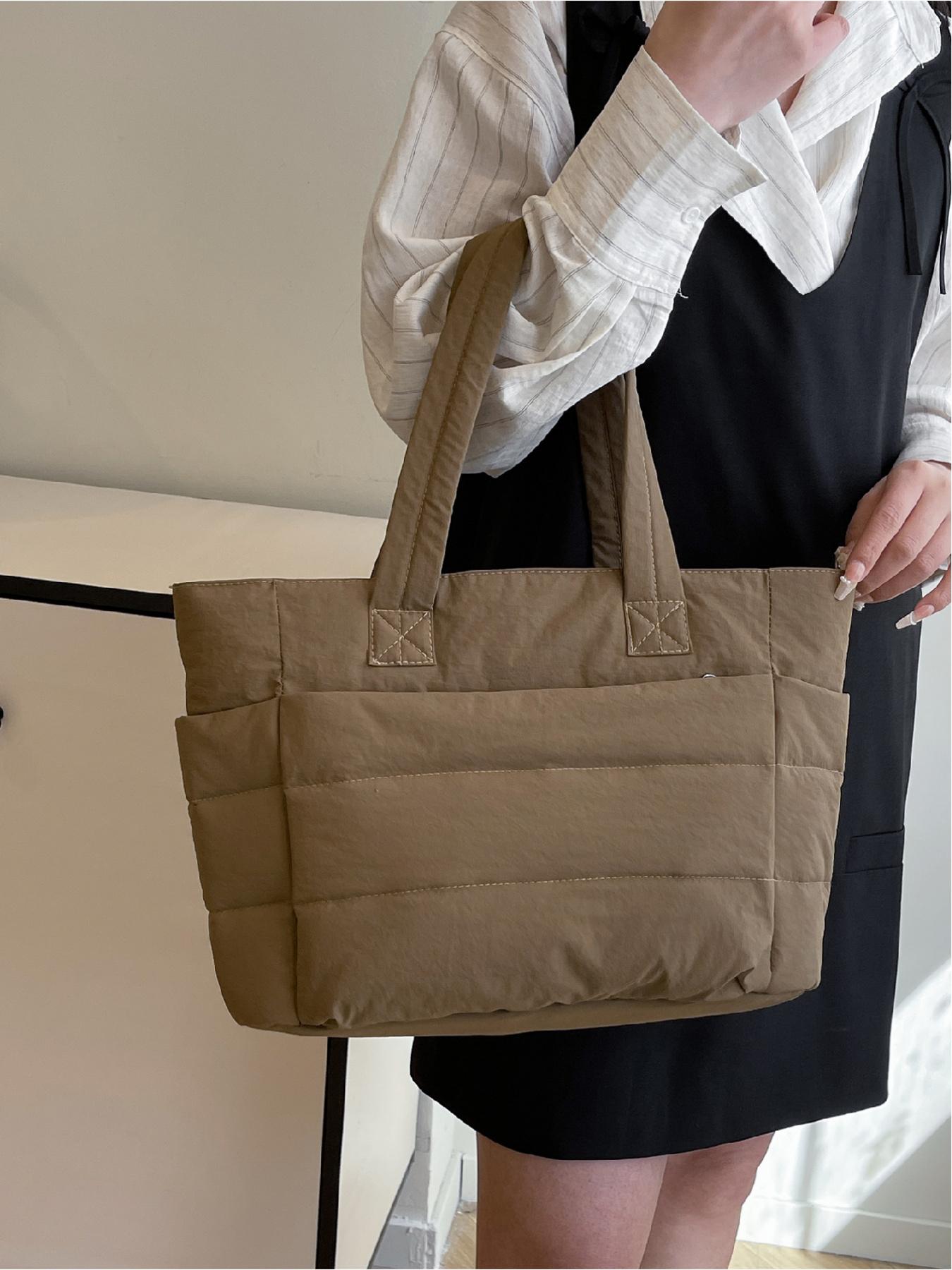Women's Solid Color Quilted Tote Bag, Fashionable Large Capacity Shoulder Bag for Work & Daily Used, Casual Trendy Versatile High-quality Daily Commuting Bag, Quilted Work Bags