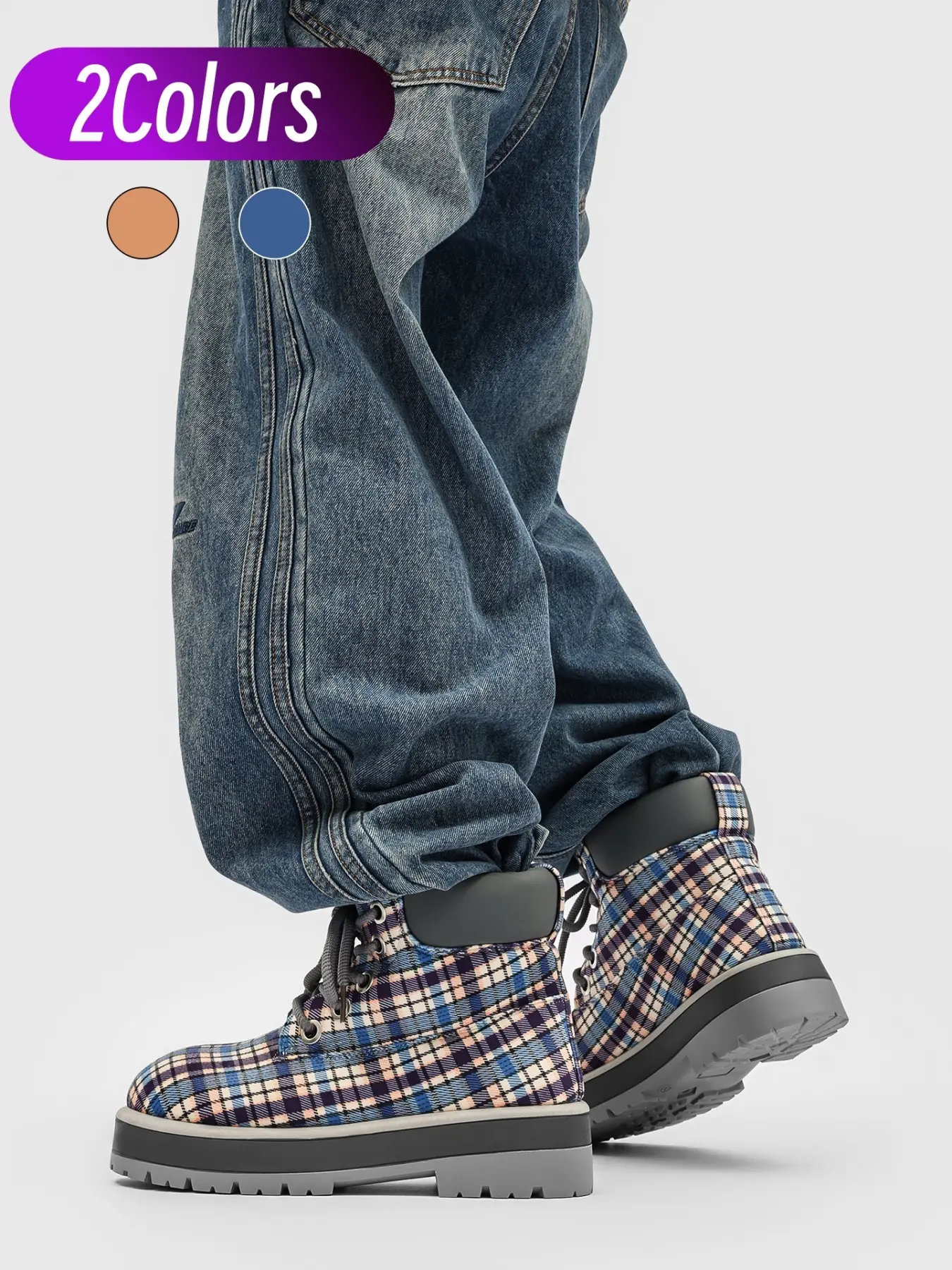 1 Pair Trendy Street Style Men Orange & Brown Plaid High-top Work Boots - Plaid Fabric Splicing Retro Eye-catching Look Soft & Comfortable Ideal for Street Wear