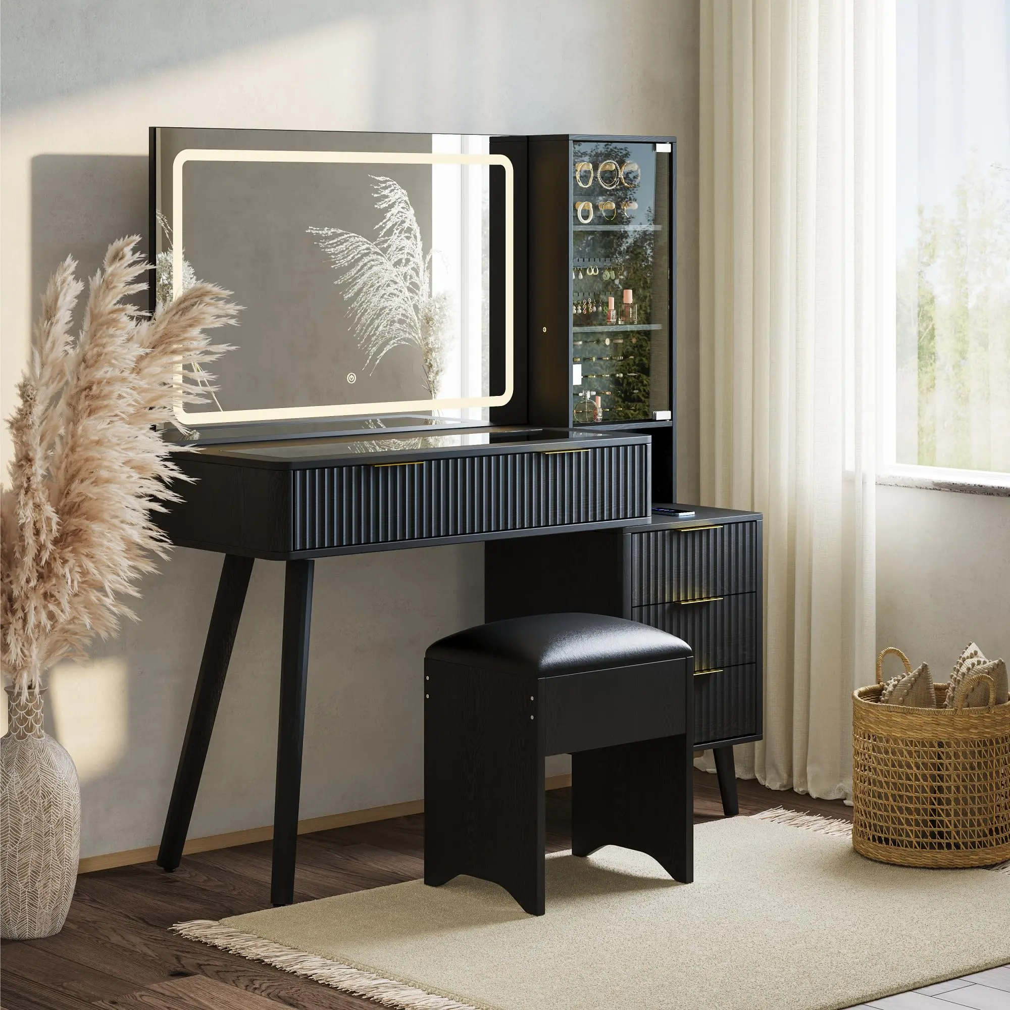 Modern Fluted Vanity Desk, Elegant Wood Grain Dressing Table with LED Lighted Mirror & Glass Top for Bedroom, Dressing Room & Guest Room