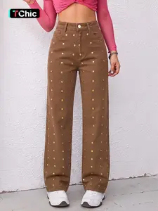 Women's High Waist Coffee Rivet Straight Leg Jeans, Rivets, Casual Y2K American Street Style, Fitted Plain Pattern