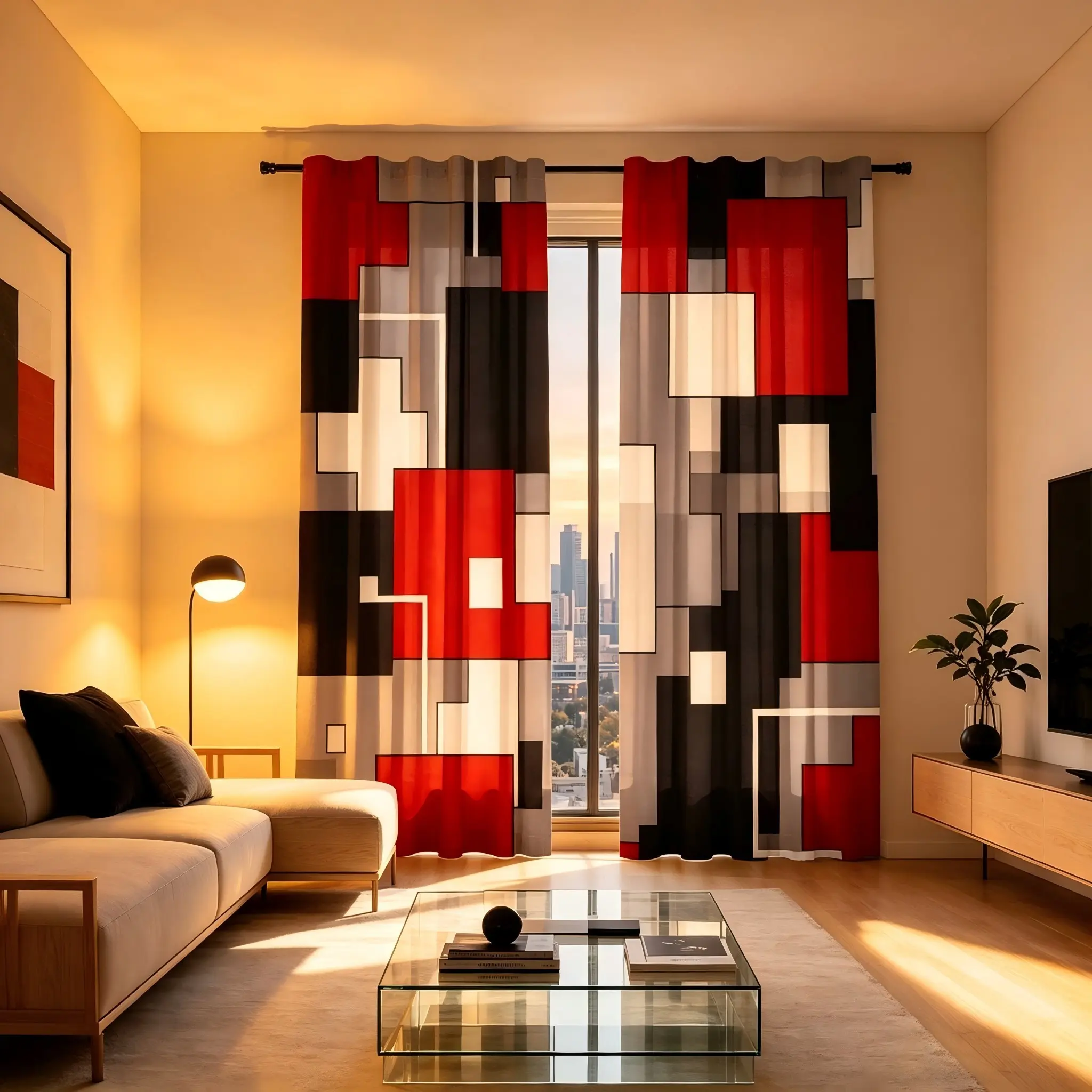 Modern Geometric Blockout Curtains, Colorblock Rectangular Print, Minimalist Industrial Style, Living Room Floor-To-Ceiling Drapes