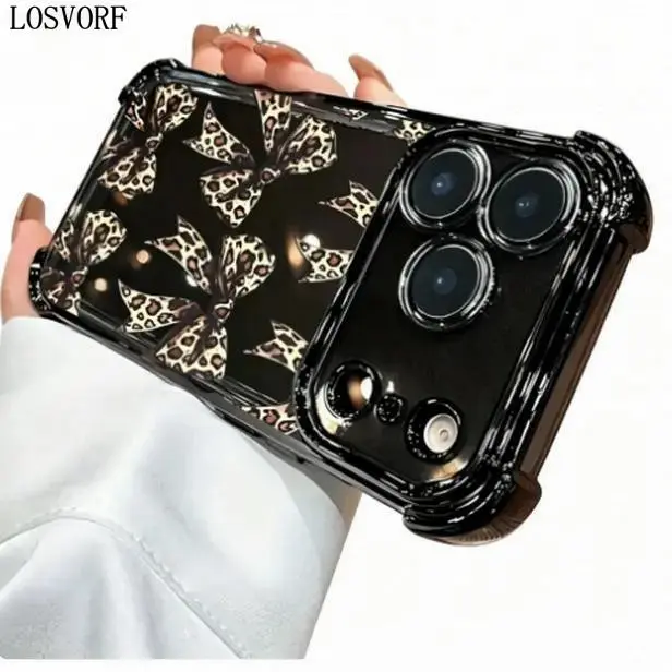 LOSVORF Creative Leopard Print Bow Electroplated Transparent Cover, Shockproof TPU Phone Case with Full Port Access, Multi-Model Fit for iPhone 11 Series, X Series to 17 Series, Ideal All-Season Gift