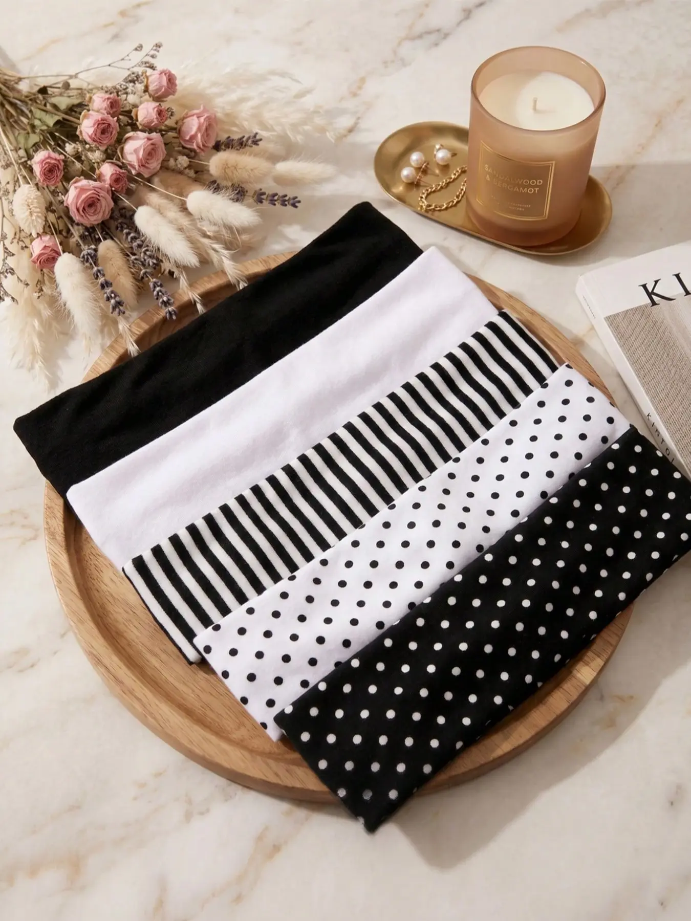 5 Pcs Women's Yoga Elastic Hairbands, Stretchy Headbands, Non-Slip Sports Running Hairbands, Vintage Polka Dot Striped Soft Sweat-Wicking Hairbands, All-Season Accessories