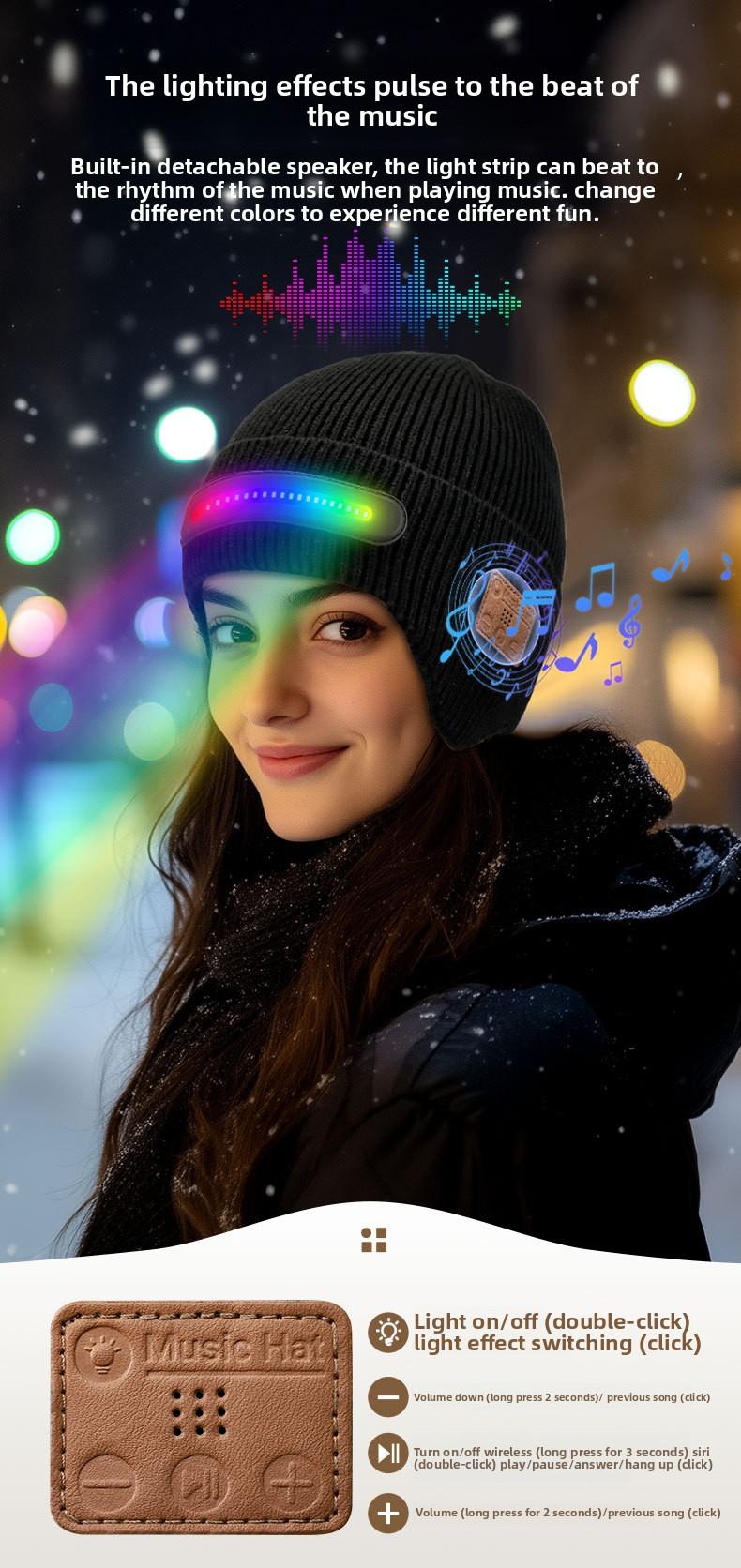 New USB Charging Light-Up Bluetooth Headphone Hat Outdoor Warm Knitted Ear Protection Hat Wireless Music Colorful Light Design Unisex Fashionable Casual Flashlight Hat for Christmas Holidays