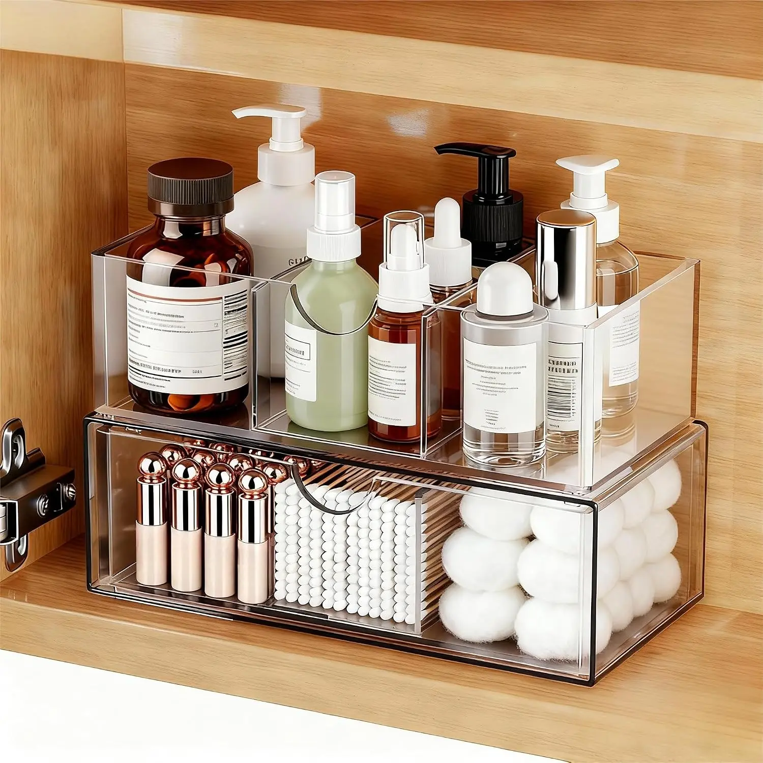 2 Tier  Cabinet Organizer and Storage,Stackable Bathroom  Organizer with Removable Dividers, Plastic  Storage