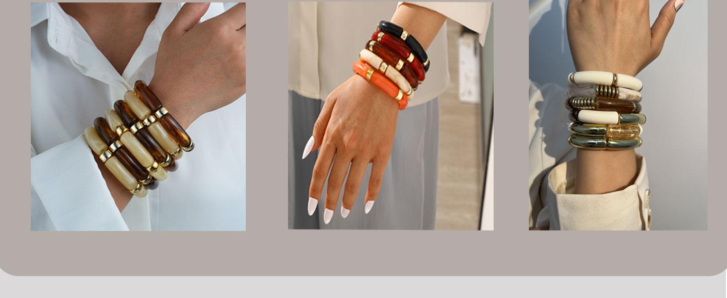 Women's 6pcs Chunky Acrylic Bangle Bracelets - Mixed Texture Cuff, Resin Bamboo Brown, Stretchy Multilayered, Fall Matching Stacked Fashion Jewelry Set