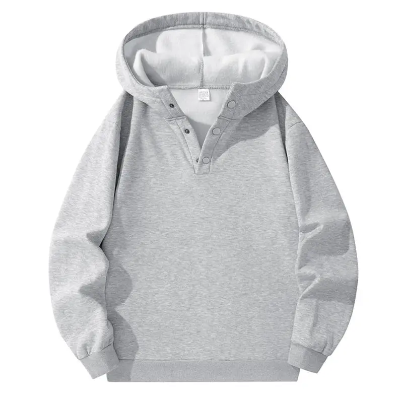 Mens Fleece‑Lined Pullover Hoodie, Henley Partial Snap‑Button Collar Sweatshirt, Loose Long Sleeve Casual Hoodie for Sports Everyday Wear