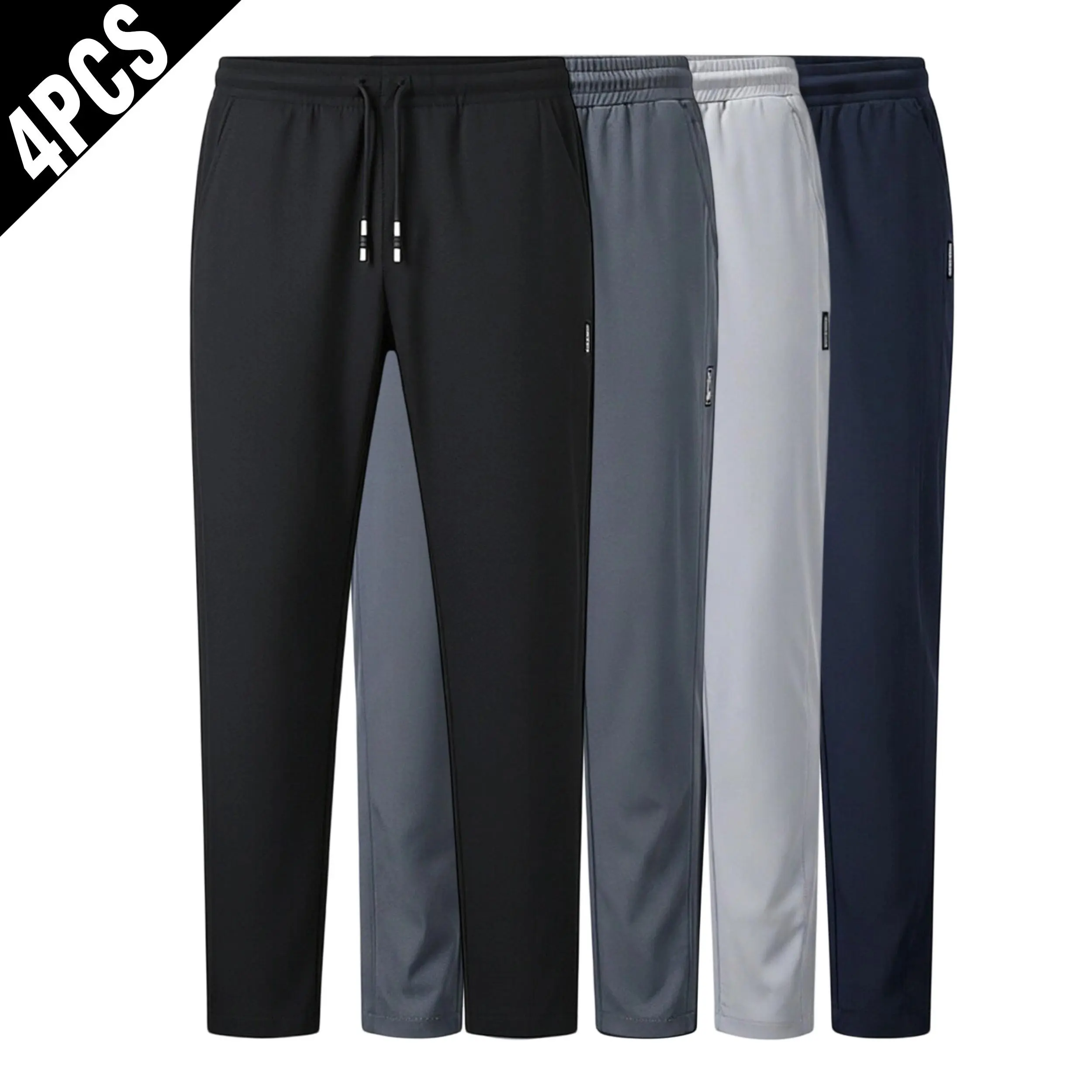 Men's 4-Pack Stretch Quick-Dry Casual Jogger Pants, Elastic Waist with Metal-Tip Drawstring, Straight Leg, Side Zipper Pockets for Outdoor Training & Workout, Casual Joggers, Loose Jogger Fit, Stretchable Jogger