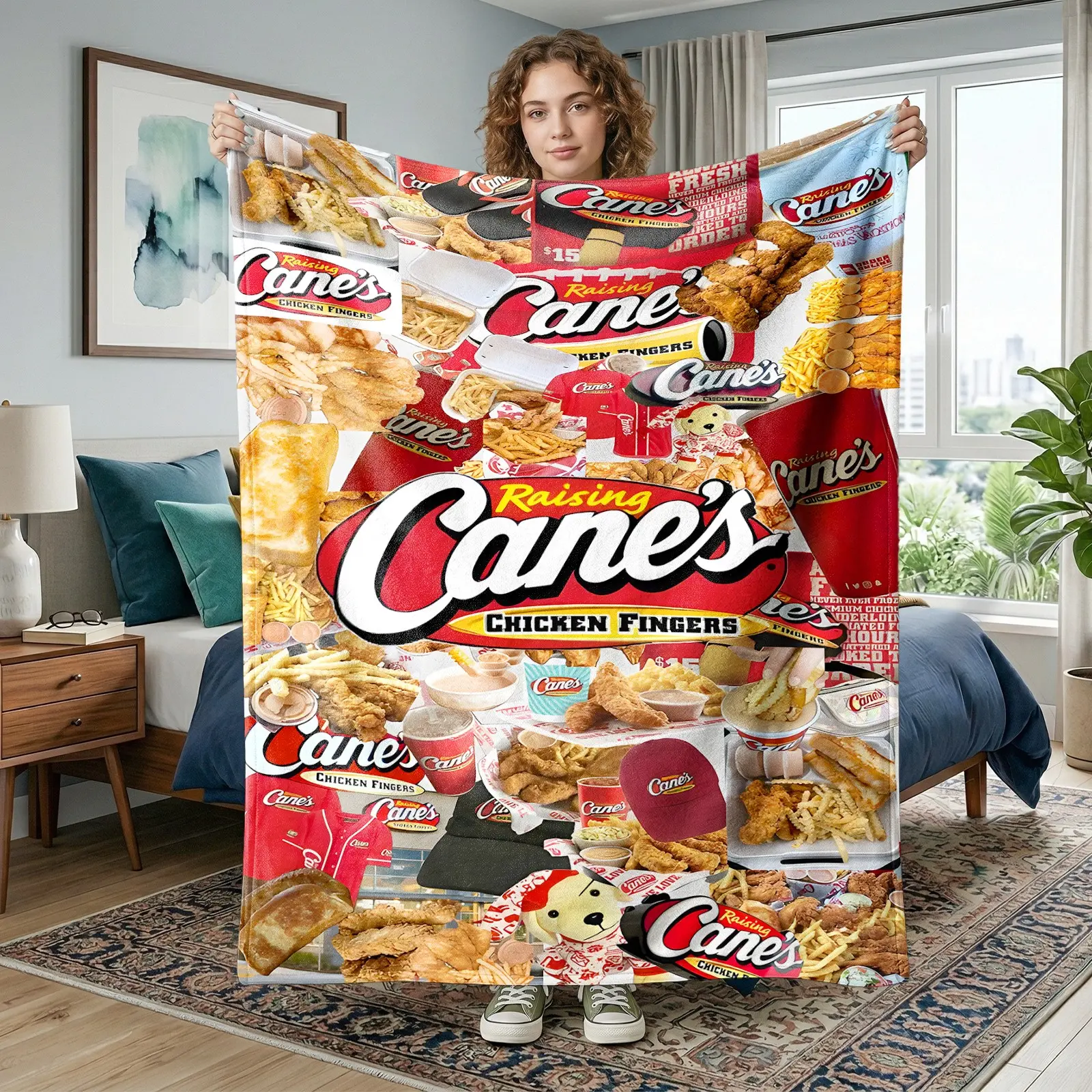 1pc Raising Cane's Fast Food Collage Fleece Blanket, Printed With Brand Logo, Chicken Fingers, Fries And Merchandise, Trendy American Fast Food Decor, Soft Warm Blanket For Sofa, Bed, Office, Shawl, Camping, Christmas Gift