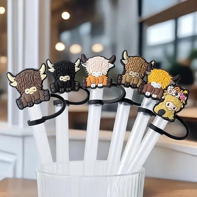 Cute Highland Cow Design Straw Cap, 6pcs Cartoon Straw Cover, Dustproof Straw Topper, Straw Protector for 30oz 40oz Tumbler Cup, Drinking Gadgets, Drink Protectors