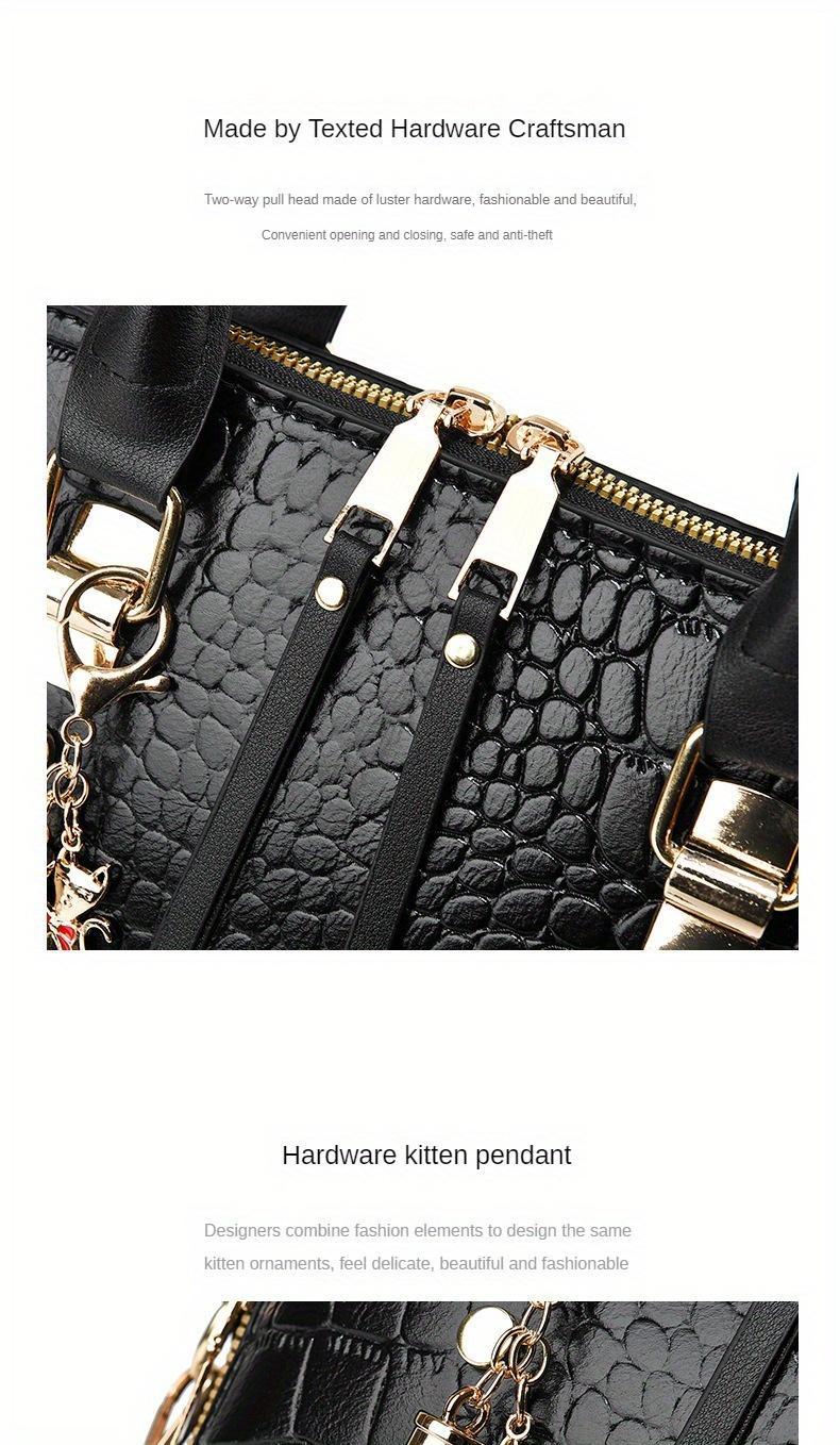 Fashion Crocodile Pattern Women's Handbag 2-piece Set, Women's Shoulder Bag with Tassel Decoration, Metal Cat Pendant Crossbody Bag