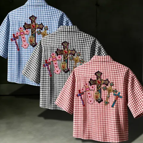 Men's Short Sleeve Checked Gingham Shirt, Casual Fitted Top for All Seasons, Comfortable Fashionable Daily Wear, Trendy Design