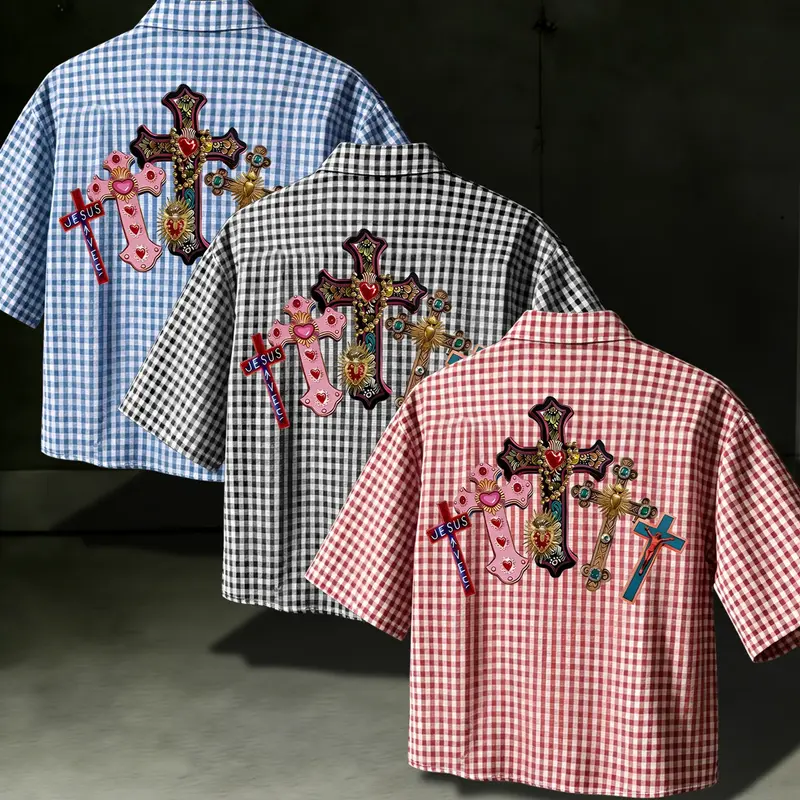 Men's Short Sleeve Checked Gingham Shirt, Casual Fitted Top for All Seasons, Comfortable Fashionable Daily Wear, Trendy Design