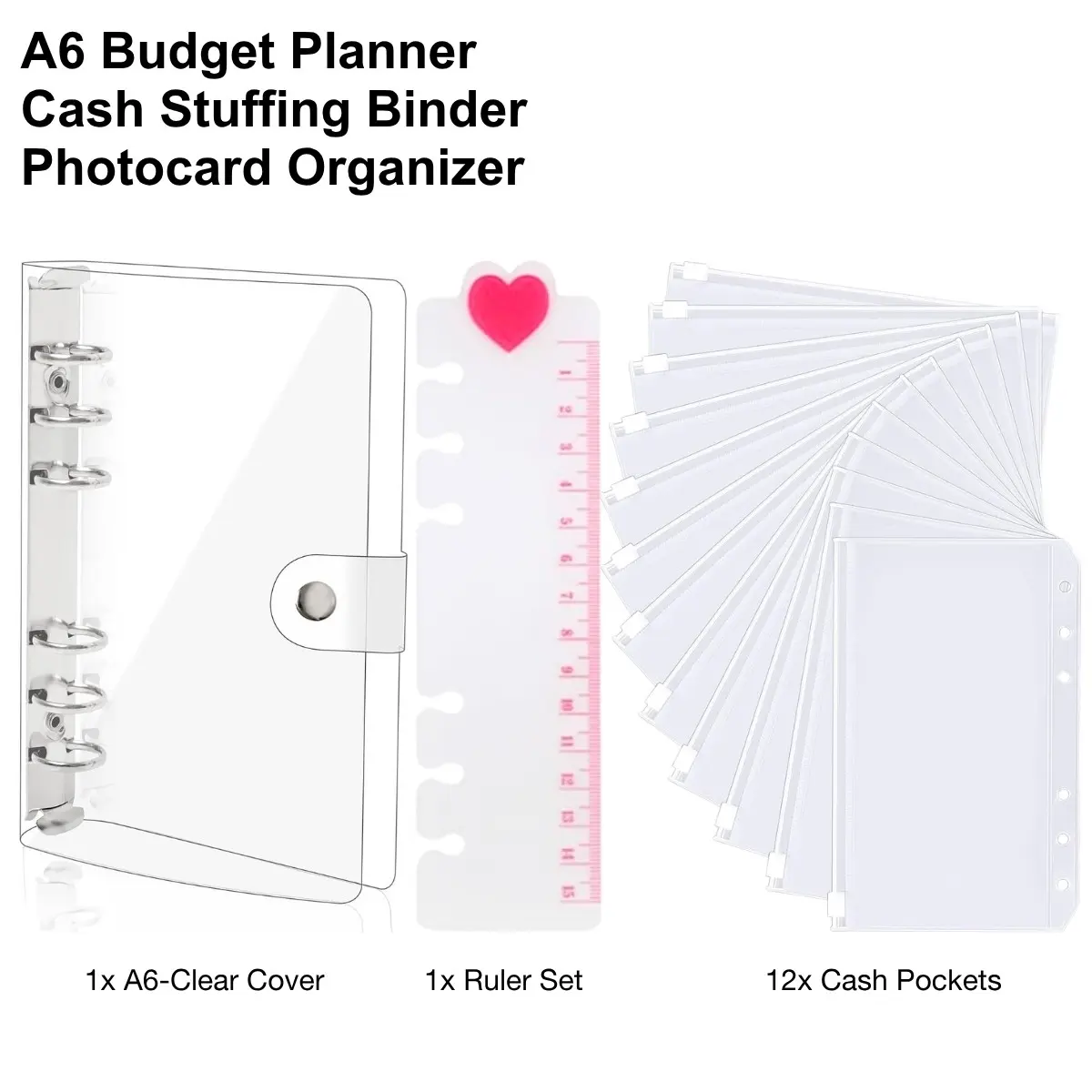Tired of losing track of spending? This A6 Budget Binder, Cash storage binder, comes with 12 clear zipper pockets + heart divider for cash stuffing. Clear 6-ring PVC organizer keeps money, receipts protected