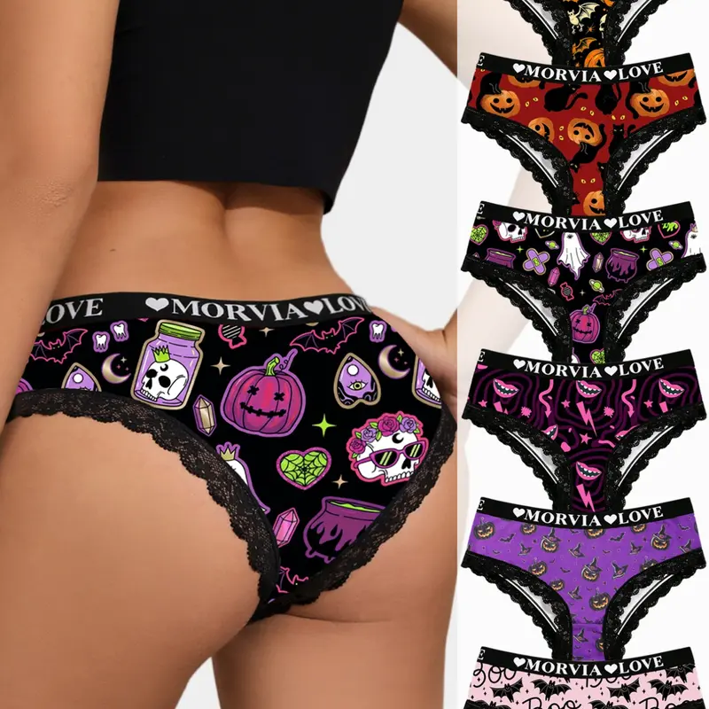 【Black Friday】Morvia 6 Pack Women's Halloween Underwear, Gothic Pumpkin Skull Lace Panties, Sexy Fitted Design, for All Seasons, Unlined
