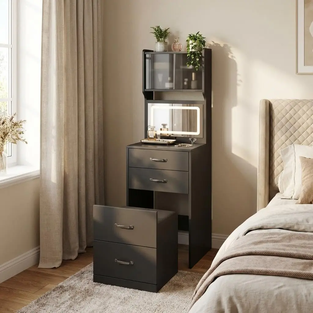 Modern 3-in-1 Makeup Vanity Table, 3-Color LED Lighted Mirror, Multi-Purpose Dressing Table & Nightstand, Features Drawers, Jewelry Storage, Acrylic Cabinet Doors, Hidden Stool and USB/AC Power Outlets for Bedroom