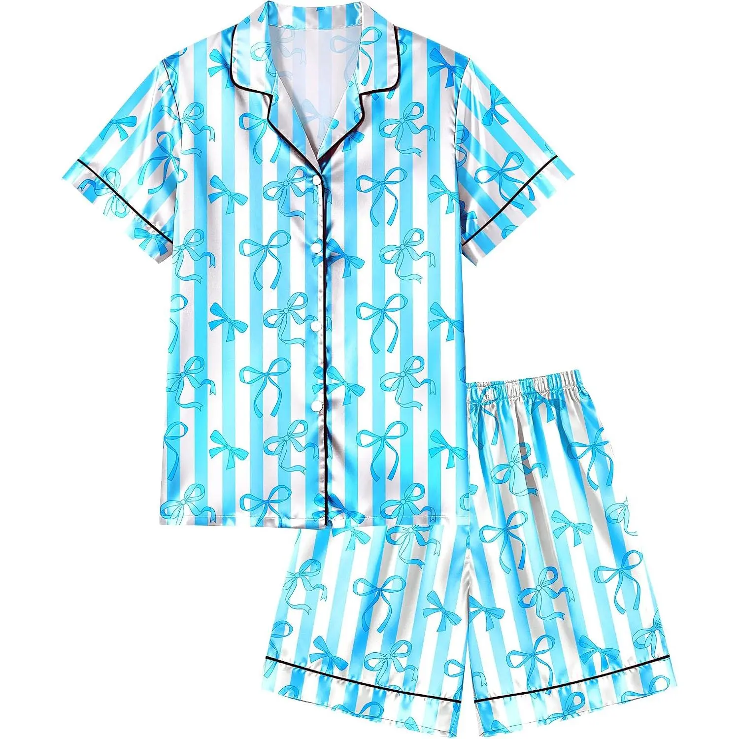 Girls' Silk Satin Pajama Set - Short Sleeve Button-Down Nightwear with Bow Print, Casual Wear, Short Pants & Pajama Pants for Kids, Sizes 7-8, 10-12, 13-14y, Polyester Fits, Sizes 7-14Y