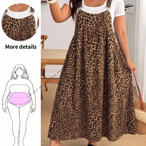 Plus Size Women Leopard Print Sleeveless Overall Loose Long A Line Dress Adjustable Shoulder Strap Flowly Swing Maxi Dress For Beach Vacation Daily Wear Designed For Curvy Women LY6067 Boho Beach Sundresses