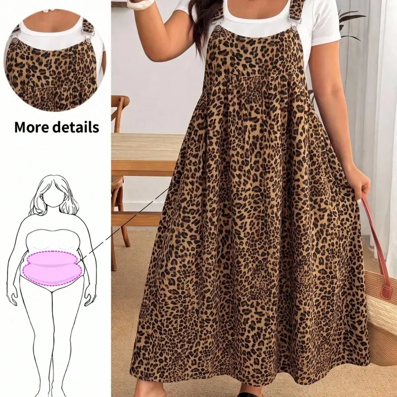 Plus Size Women Leopard Print Sleeveless Overall Loose Long A Line Dress Adjustable Shoulder Strap Flowly Swing Maxi Dress For Beach Vacation Daily Wear Designed For Curvy Women LY6067 Boho Beach Sundresses