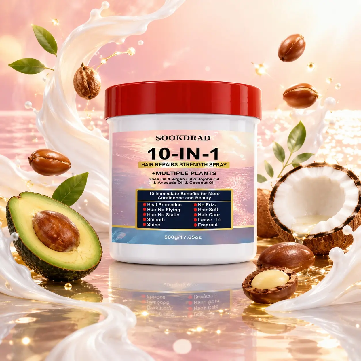 10-In-1 Hair Repair Strength Spray, Multi-Plant Oils, Shea Oil, Argan Oil, Jojoba Oil, Avocado Oil, Coconut Oil, Heat Protection, No Frizz, No Flying Hair, No Static, Smooth, Shine, Hair Soft, Hair