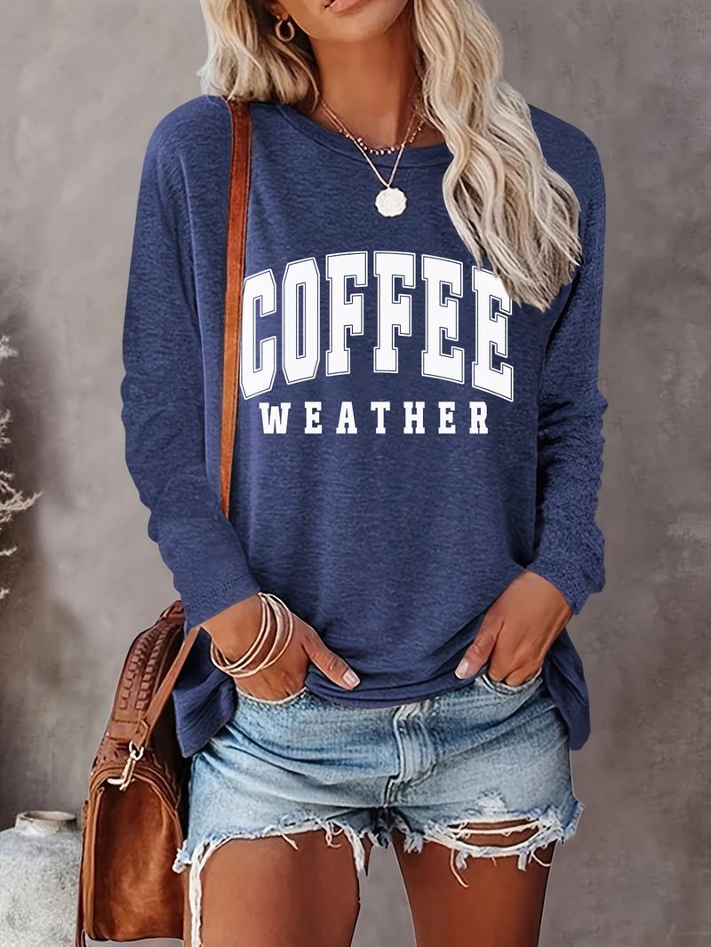 Women's Letter Print Crew Neck T-shirts, Casual Long Sleeve Round Neck T-shirts for Spring & Fall, Fashion Women's Top for Daily Wear