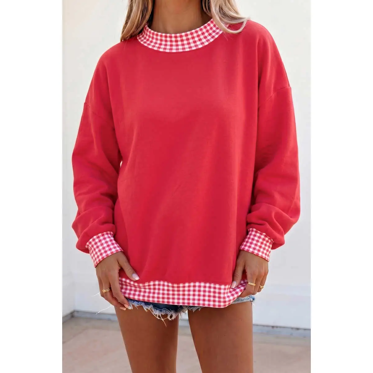 Women's Patchwork Polka Dot Lightweight Sweatshirt - Oversized Twist Tunic Pullover, Contrast Trim Casual Longsleeve Casual Wear Top, Longsleeves, Fit, Style, Clothes, Full Sleeve, Colorblock Edges, Polka Dot Mix, Poly-Cotton Blend, Long Sleeve Tops, Polk