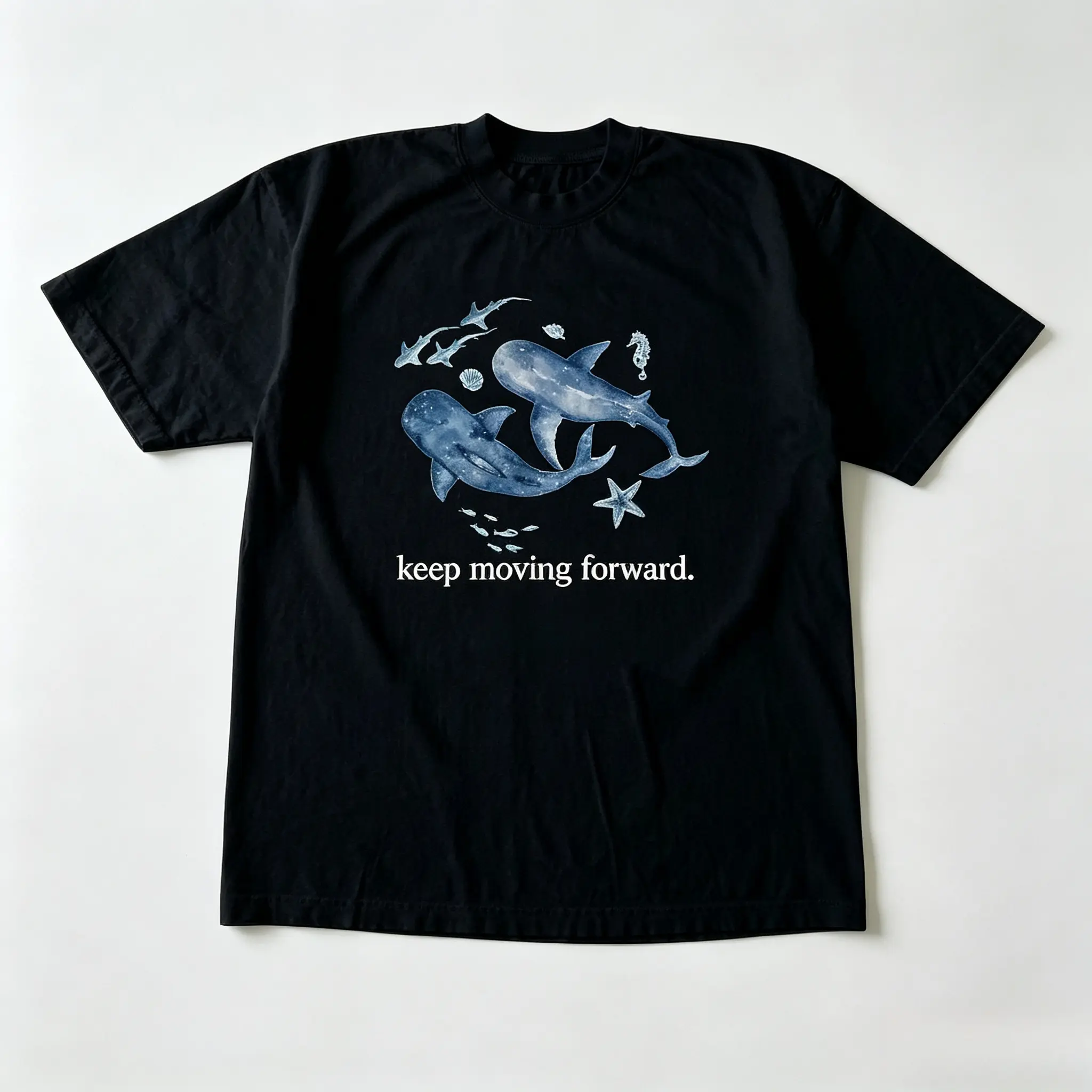 Ocean Whale Shark Graphic Oversized Cotton T-Shirt, Watercolor Sea Creature Tee, Inspirational Keep Moving Forward Outfit, Great Valentine Gift for Him Her, Gift for Ocean Lovers Friends