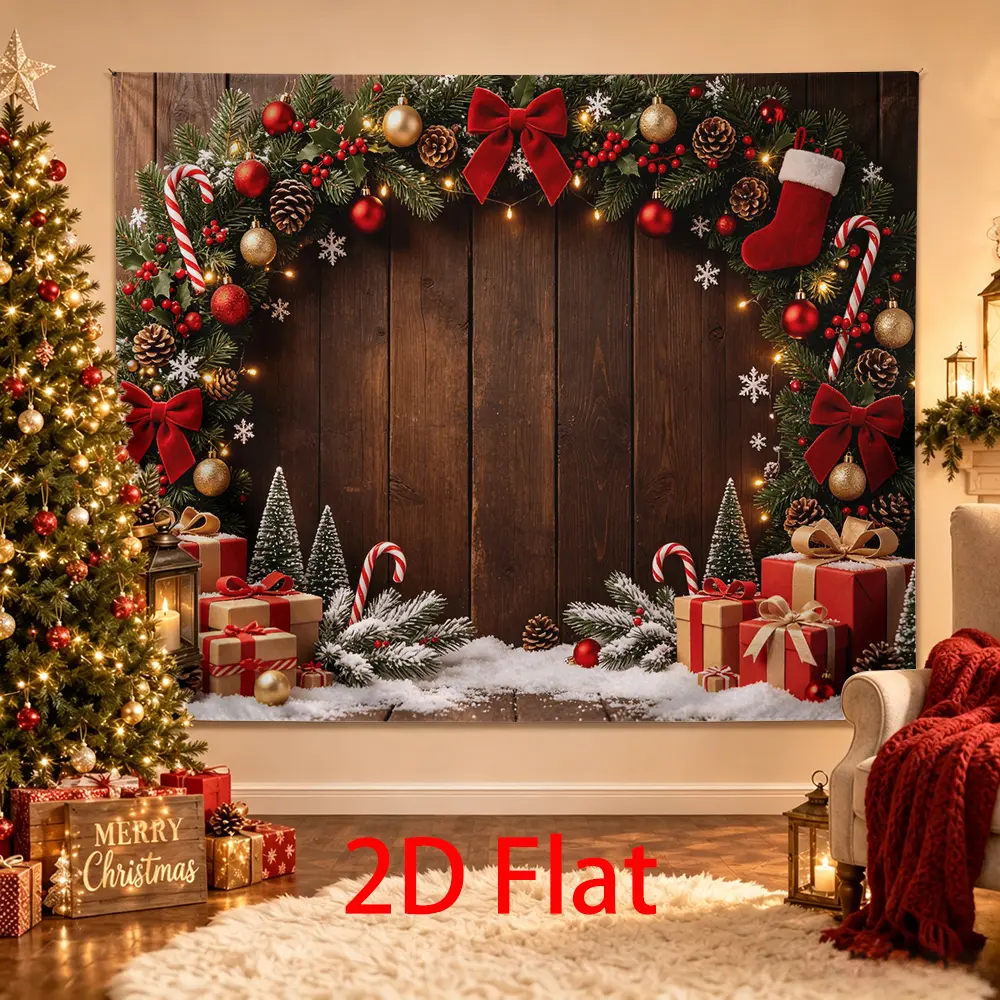 Rustic Christmas Flat Backdrop, Dark Wood Holiday Photography Background with Red Bows, Stocking, Candy Canes, Gifts, and Snow