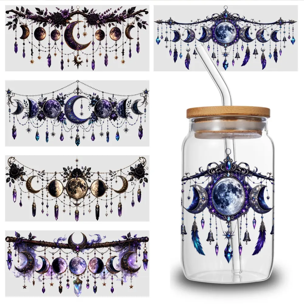 5-Pack Moon Phase UV DTF Decal Stickers, Scratch-Resistant Vibrant-Color Easy-Application Transfers for 16oz Glass Cups & Water Bottles, 4.3"x9.4" Home Decor Stickers, Decal Sticker