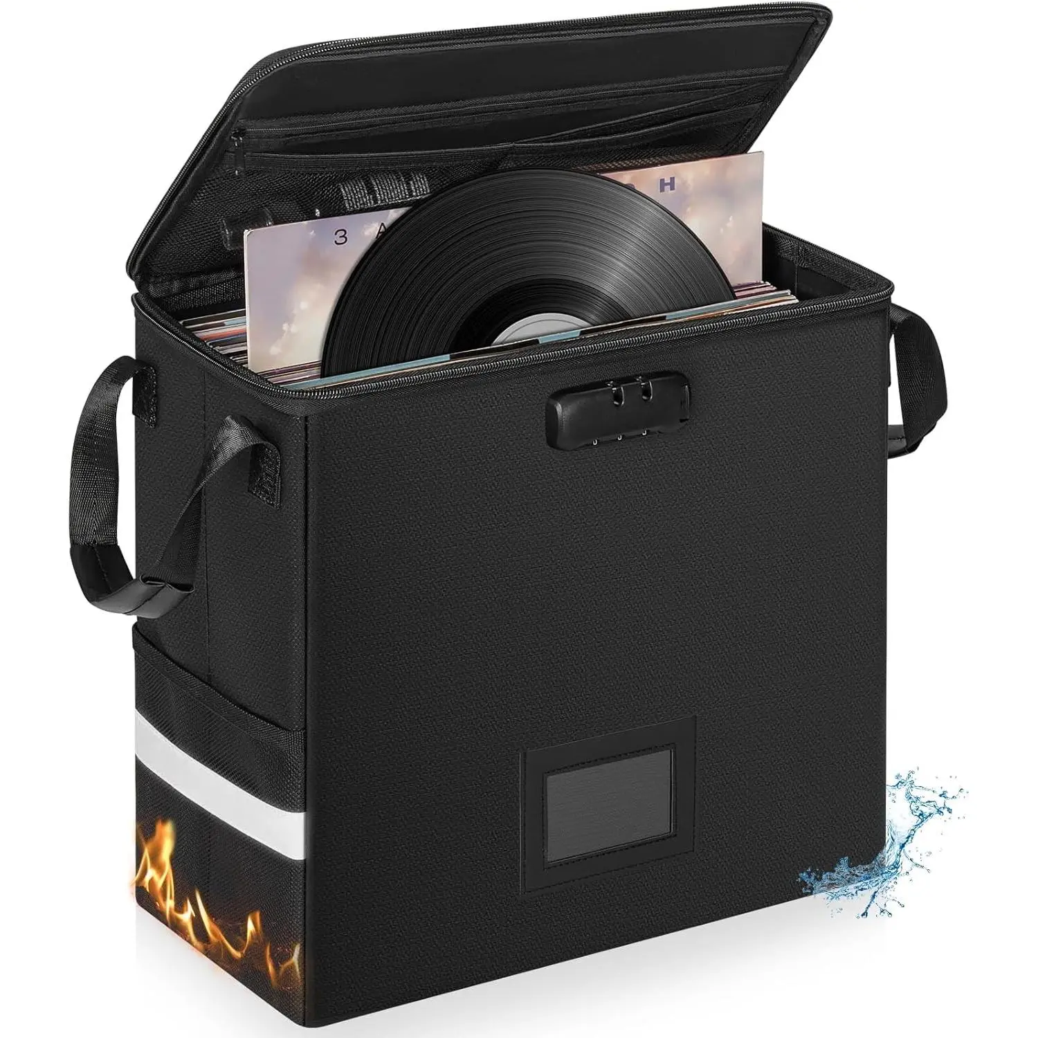 Fireproof Vinyl Record Organizer Box with Lock Feature, Fits Multiple Sizes (7/10/12 in), Large-Capacity Holder for 50+ Single Records, Sohochic File Storage Solution