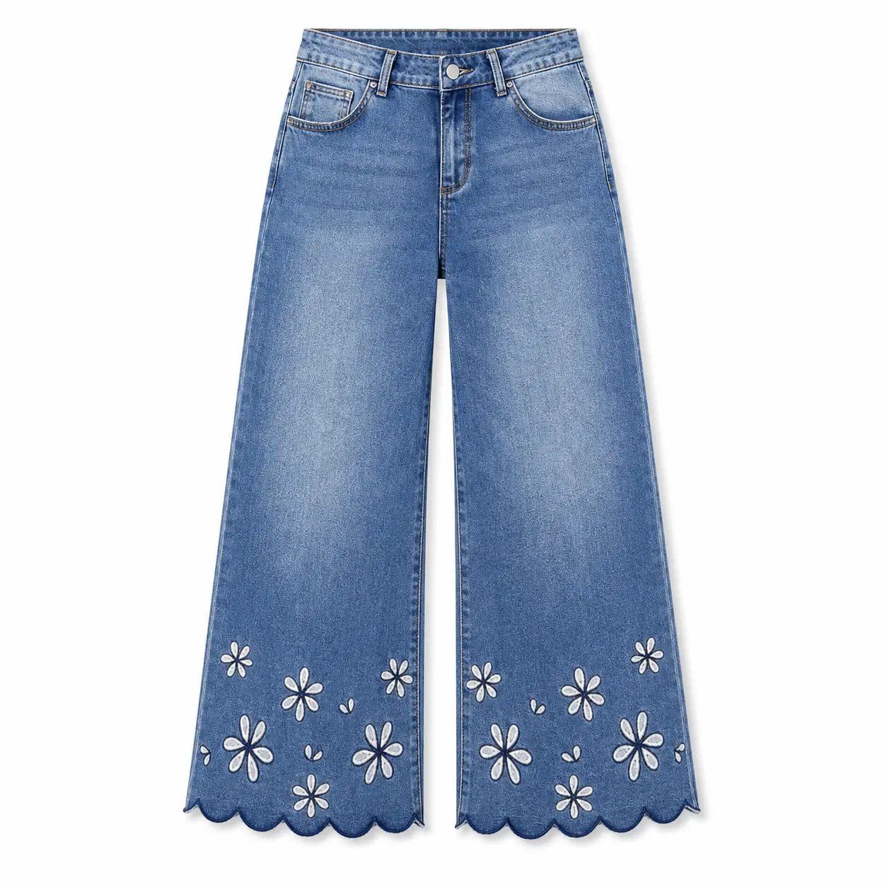 Women's Floral Embroidered Baggy Jeans, High Waisted Stretch Denim Cropped Wide Leg Capri Pants with Scalloped Hem & Pockets