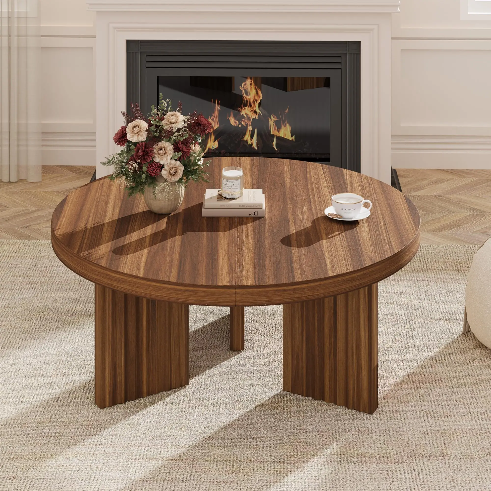 33.5" Round Coffee Table, Circle Center Table with Fluted Legs & 1.3" Thick Top, Accent Sofa Tables for Living Room, Bedroom, Easy Assembly