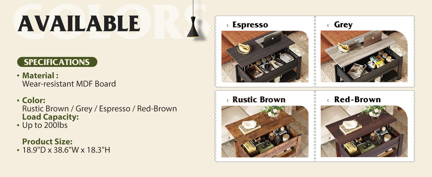 Coffee Table, 39" Lift Top Coffee Table with Hidden Compartment, Storage Shelf and Lifting Top for Home Living Room, Office and Bedroom, Red-Brown