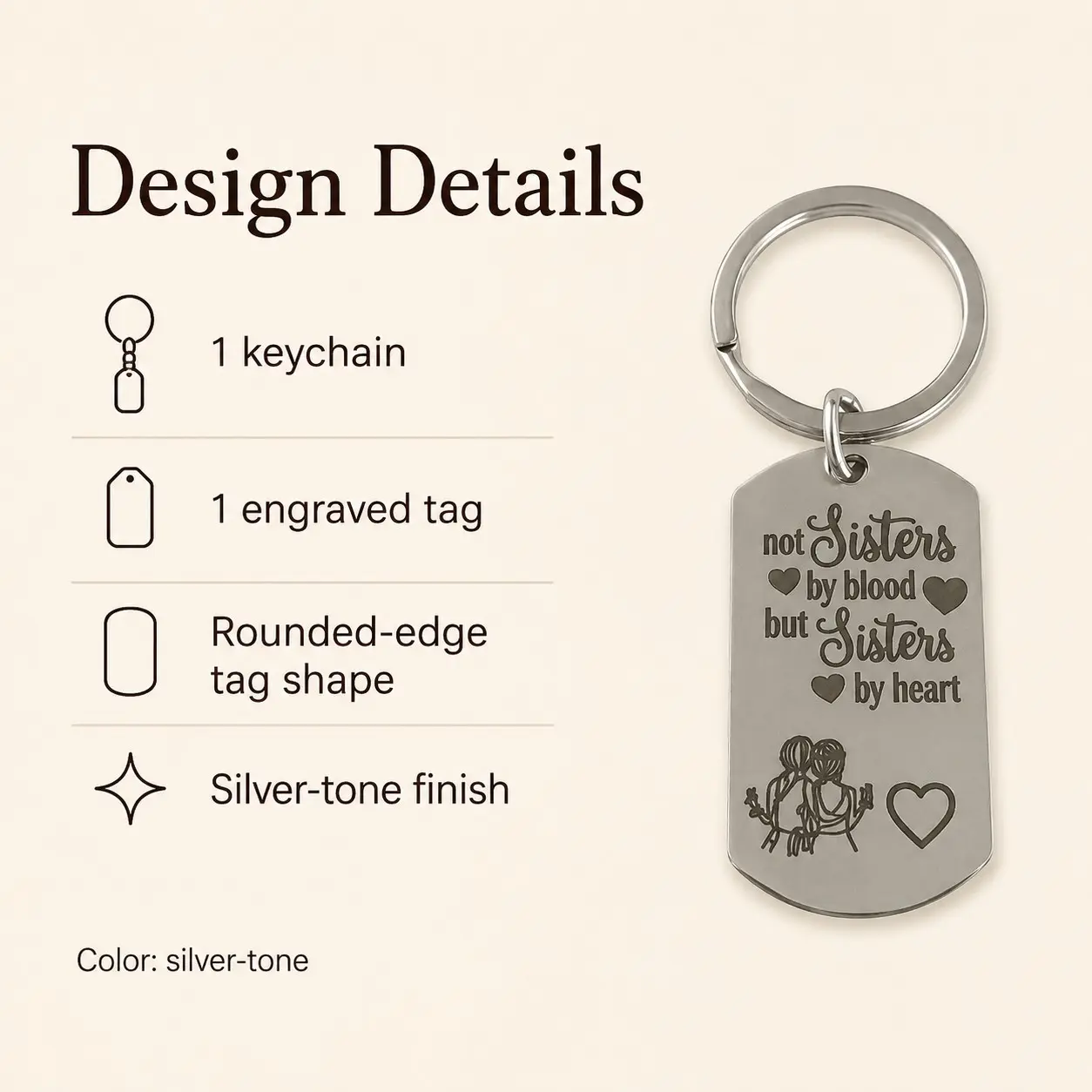 Sister Keychain Not Sisters by Blood, Engraved Silver Color Tag Key Ring, Gift for Best Friend Sister, Unique Decoration Item