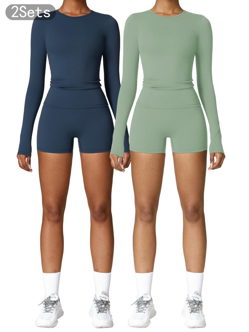 Women's Solid Round Neck Sports Tee & High Waist Shorts Tracksuit Set, Long Sleeve Tight-fitting Top & Skinny Shorts, Summer Outfits 2024, Ladies Sportswear for Indoor Outdoor Wear