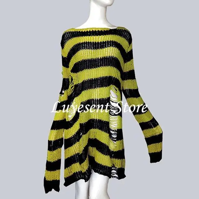 Karrcat Grunge Harajuku Striped Knit Sweater Women Y2K Streetwear Hole Broken Jumper Loose Purple Sweaters Punk Gothic Clothes