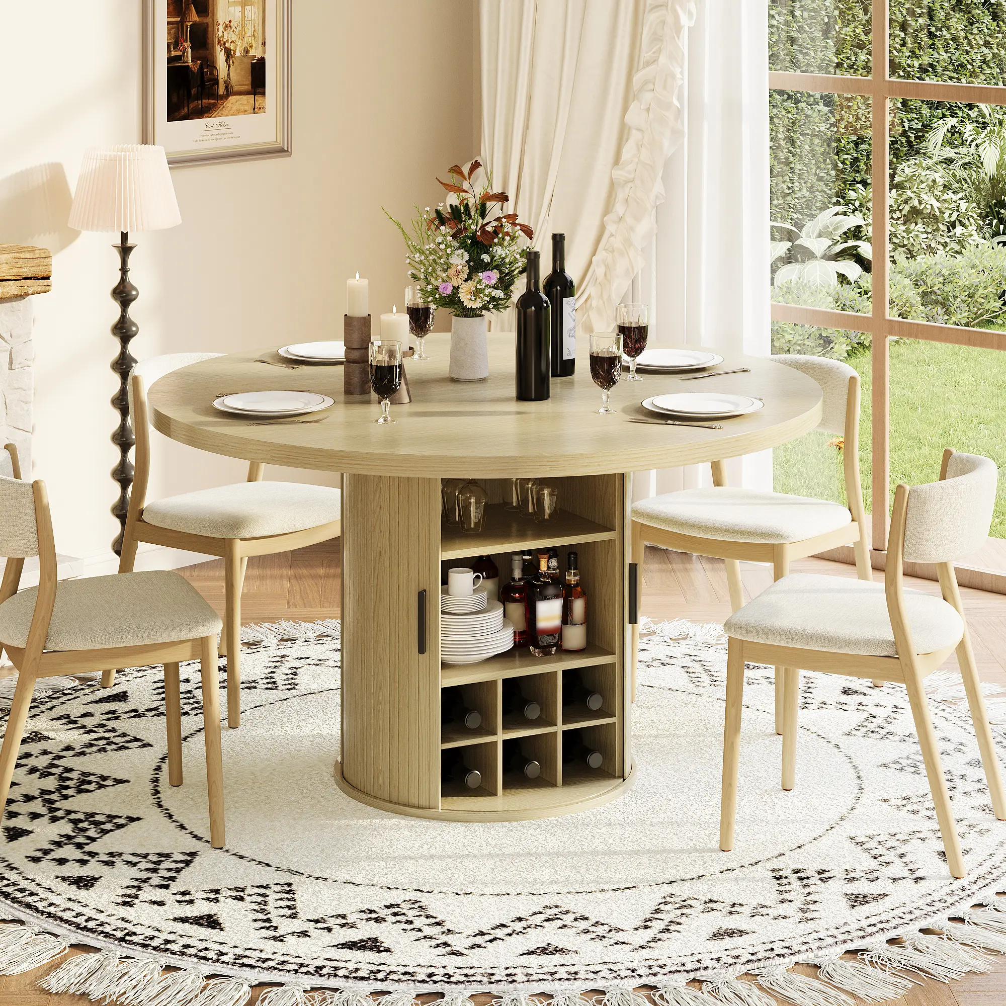 47" Round Dining Table, Kitchen Table with Storage & Wine Cabinet for 4-6 & Home Dining Room & Living Room
