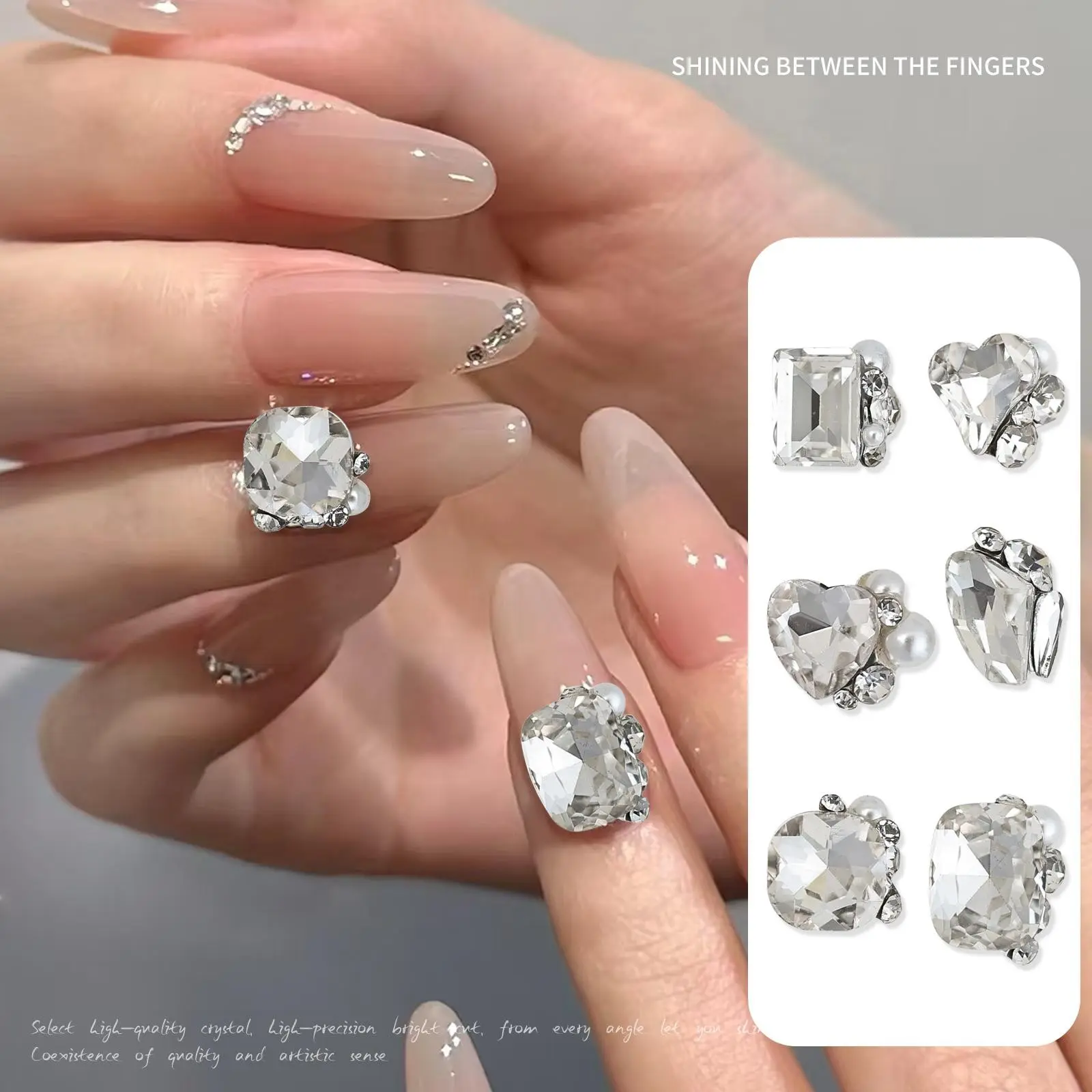 Sparkling Clear Crystal Nail Art Rhinestones Set 5pcs Flat Gems For DIY Manicure Decorations, Multi-Functional Decorative Accessories for Crafts, 8-11mm, Heart & Square Shape