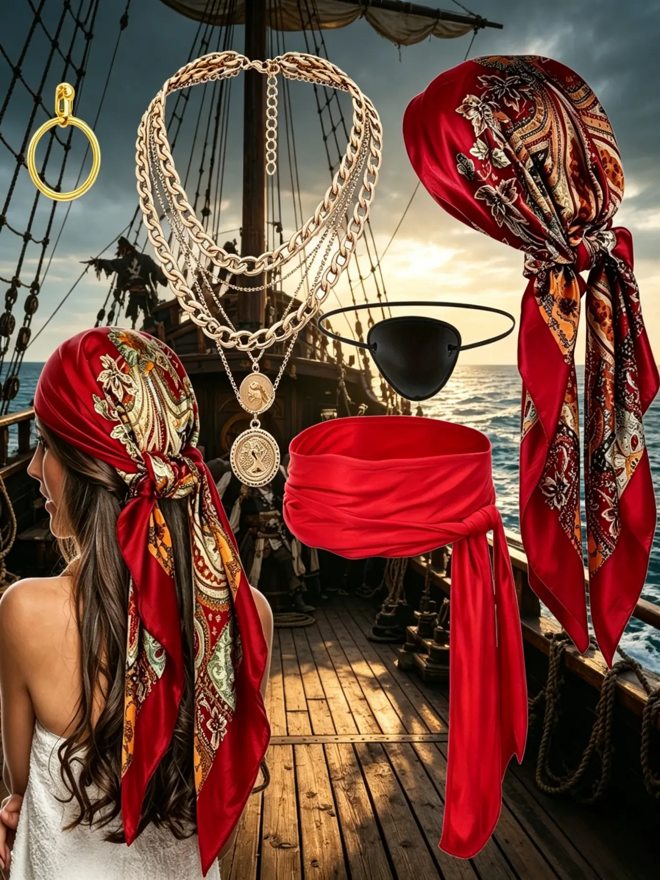 Pirate Theme Cos Set Costumes Accessories Headscarf Belt Necklace Bracelet Combination Halloween Party Performance Dress Up Props